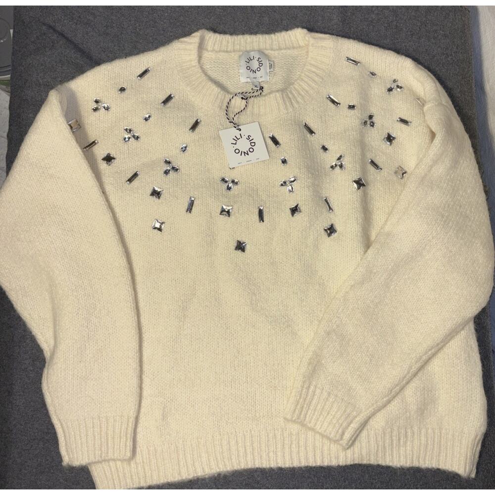 Lili Sidonio Embellished Knit Off White Acrylic Sweater Sz XL NWT